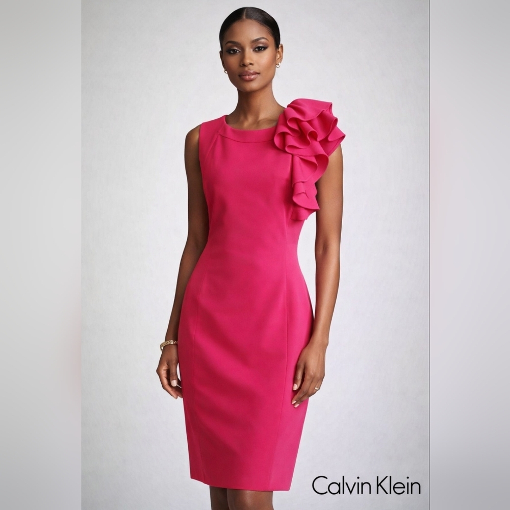 Calvin Klein Sleeveless Dress Midi Sheath Ruffle Detail Fuschia Pink Size 10